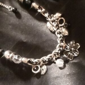 Statement necklace black chain & braided flowers & heart 24+3 in. long